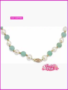 14K Yellow Gold Genuine Jade & Freshwater Pearl Beaded Necklace 18"